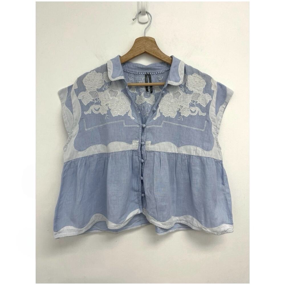 LIKE NEW Anthropologie Light Blue and Cream Short Sleeve Peplum Button Top - Picture 13 of 14